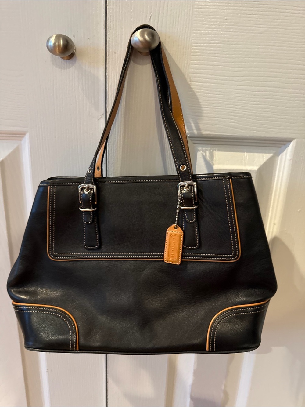Vintage Coach Black Leather Tote with Tan Trim